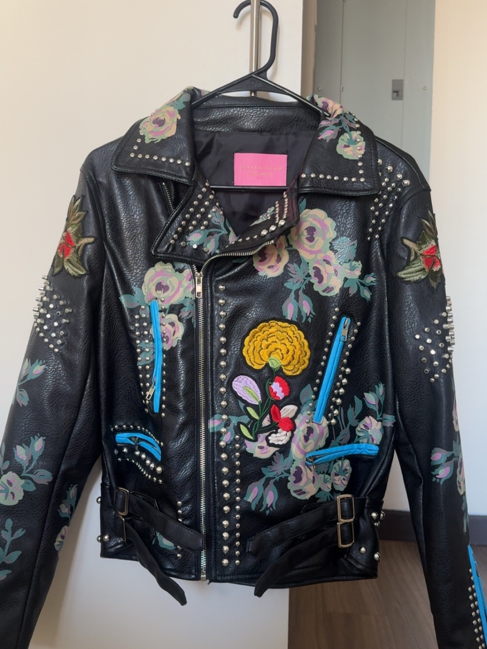 Black Floral Studded Leather Moto Jacket - Unknown Brand